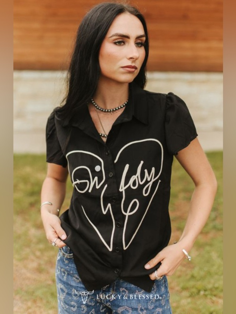 NWT Lucky & Blessed Black Button-Up Heart Script Blouse GIDDY UP